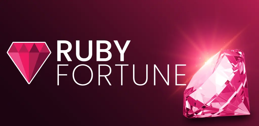 Ruby Fortune logo with a cut pink ruby